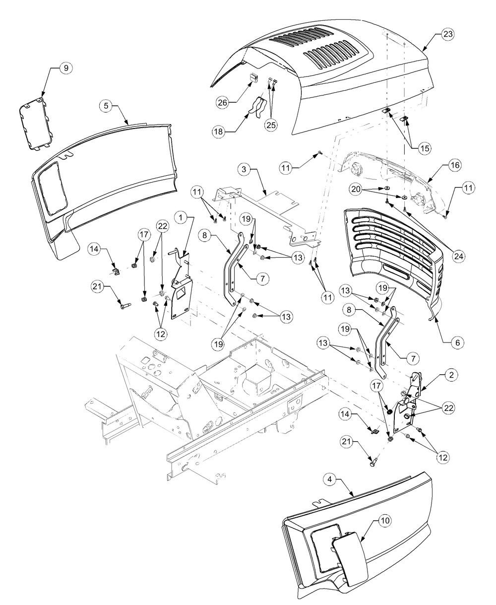 Grille, Hood And Side Panels Diagram and Parts List for GT2186-44 13A298L710-13A298L712 Cub Cadet Lawn Tractor